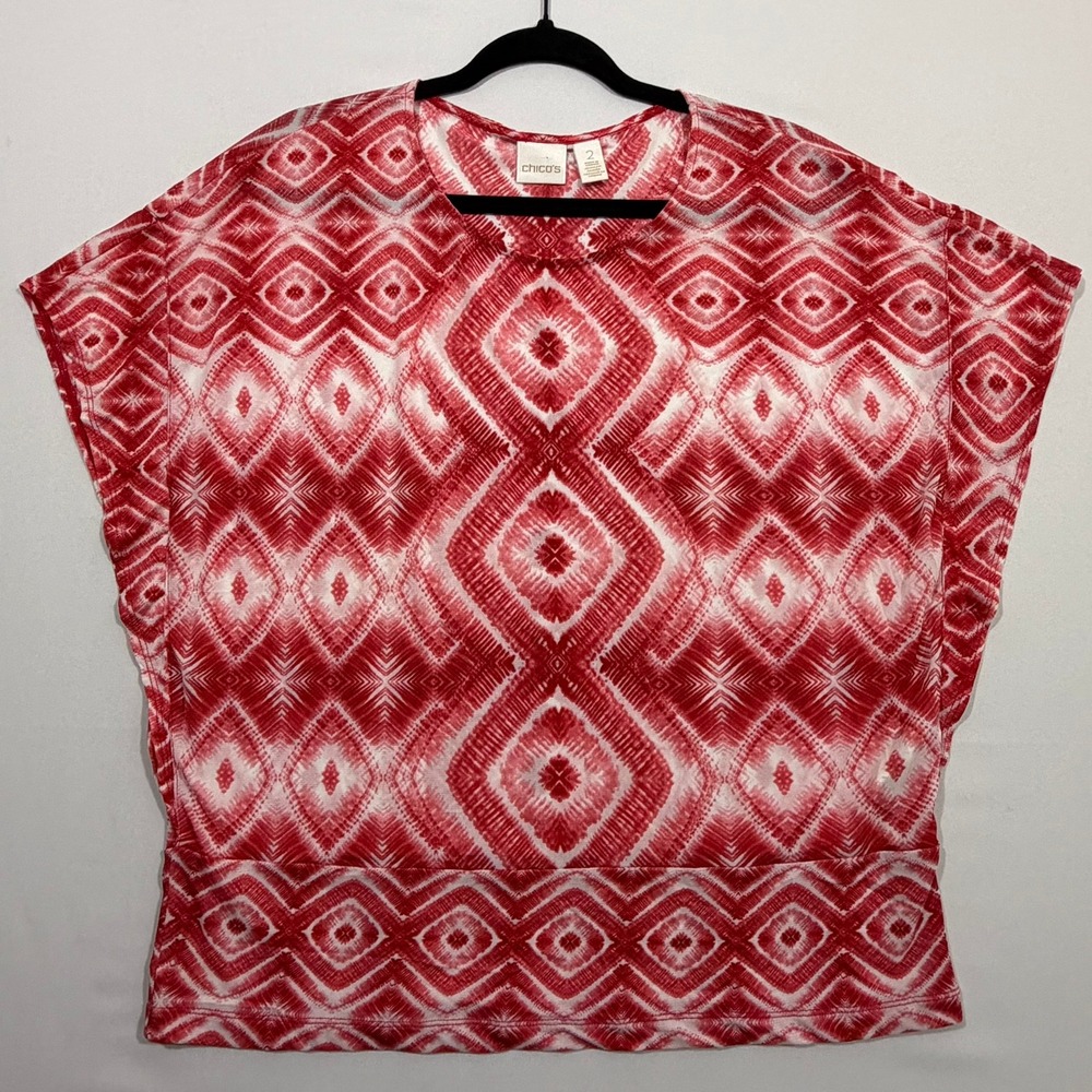 Chico's Top Womens 2 Large L Red White Ikat Diamond Dolman Mesh Knit BohoTravel
